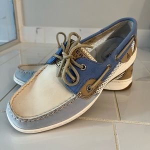 Sperry Top-Sider Women’s boat shoes, blue suede and tan leather, size 6